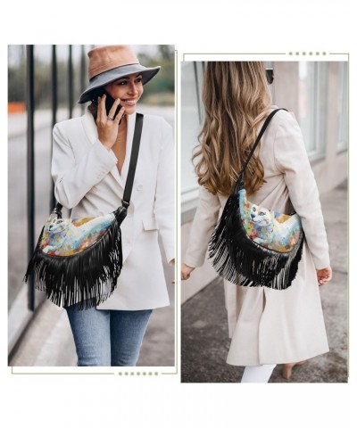 Women's Fringe Crossbody Tassel Purse White Cat with Blue Eyes Hobo Shoulder Bags Crossbody Handbag with Adjustable Shoulder ...