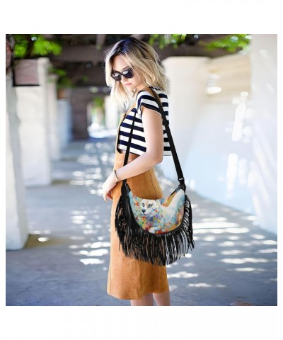 Women's Fringe Crossbody Tassel Purse White Cat with Blue Eyes Hobo Shoulder Bags Crossbody Handbag with Adjustable Shoulder ...