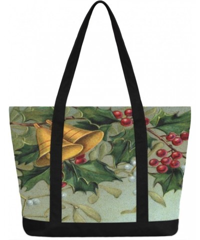 Christmas Bells Holly Leaves Art Canvas Tote Bags Zipper Closure Large Teacher Tote Women Handbag Tote Purse Shoulder Bag wit...