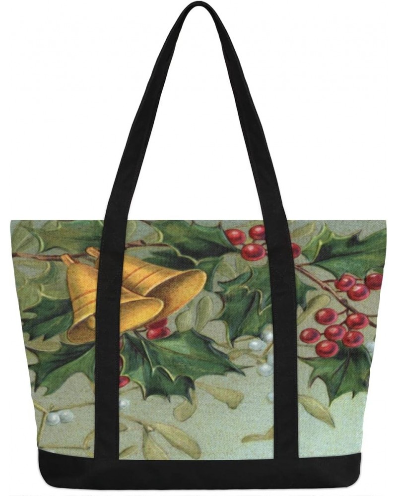 Christmas Bells Holly Leaves Art Canvas Tote Bags Zipper Closure Large Teacher Tote Women Handbag Tote Purse Shoulder Bag wit...