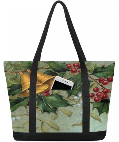 Christmas Bells Holly Leaves Art Canvas Tote Bags Zipper Closure Large Teacher Tote Women Handbag Tote Purse Shoulder Bag wit...