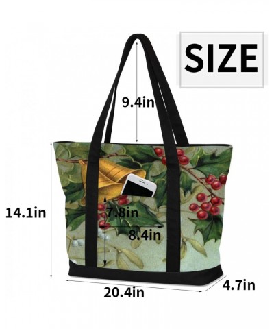 Christmas Bells Holly Leaves Art Canvas Tote Bags Zipper Closure Large Teacher Tote Women Handbag Tote Purse Shoulder Bag wit...