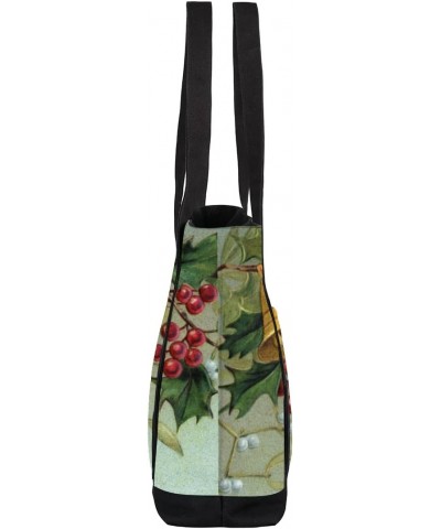 Christmas Bells Holly Leaves Art Canvas Tote Bags Zipper Closure Large Teacher Tote Women Handbag Tote Purse Shoulder Bag wit...