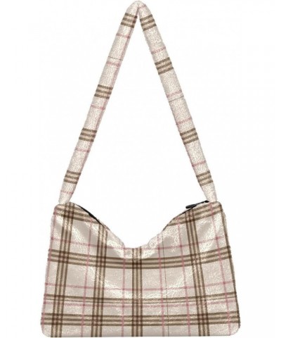 Beige Tartan Background Faux Plush Tote Handbags Versatile Underarm Bag Stylish Shuolder Bag for Women $12.09 Totes