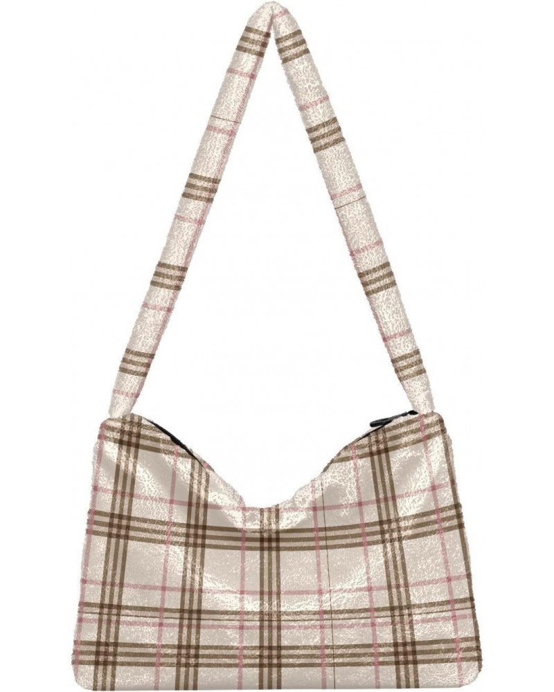 Beige Tartan Background Faux Plush Tote Handbags Versatile Underarm Bag Stylish Shuolder Bag for Women $12.09 Totes