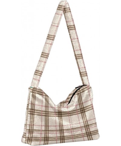 Beige Tartan Background Faux Plush Tote Handbags Versatile Underarm Bag Stylish Shuolder Bag for Women $12.09 Totes