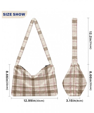 Beige Tartan Background Faux Plush Tote Handbags Versatile Underarm Bag Stylish Shuolder Bag for Women $12.09 Totes