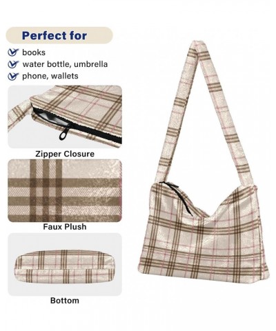 Beige Tartan Background Faux Plush Tote Handbags Versatile Underarm Bag Stylish Shuolder Bag for Women $12.09 Totes