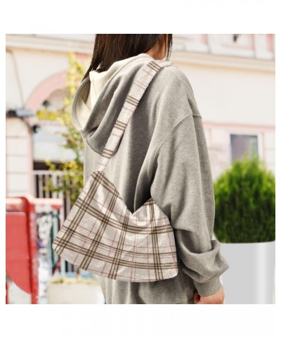 Beige Tartan Background Faux Plush Tote Handbags Versatile Underarm Bag Stylish Shuolder Bag for Women $12.09 Totes