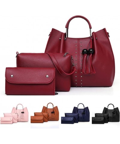 Tassel Handbag Sets For Women PU Leather Shoulder Bag Tote Satchel Hobo 3 Pcs Purse Wine $40.73 Totes