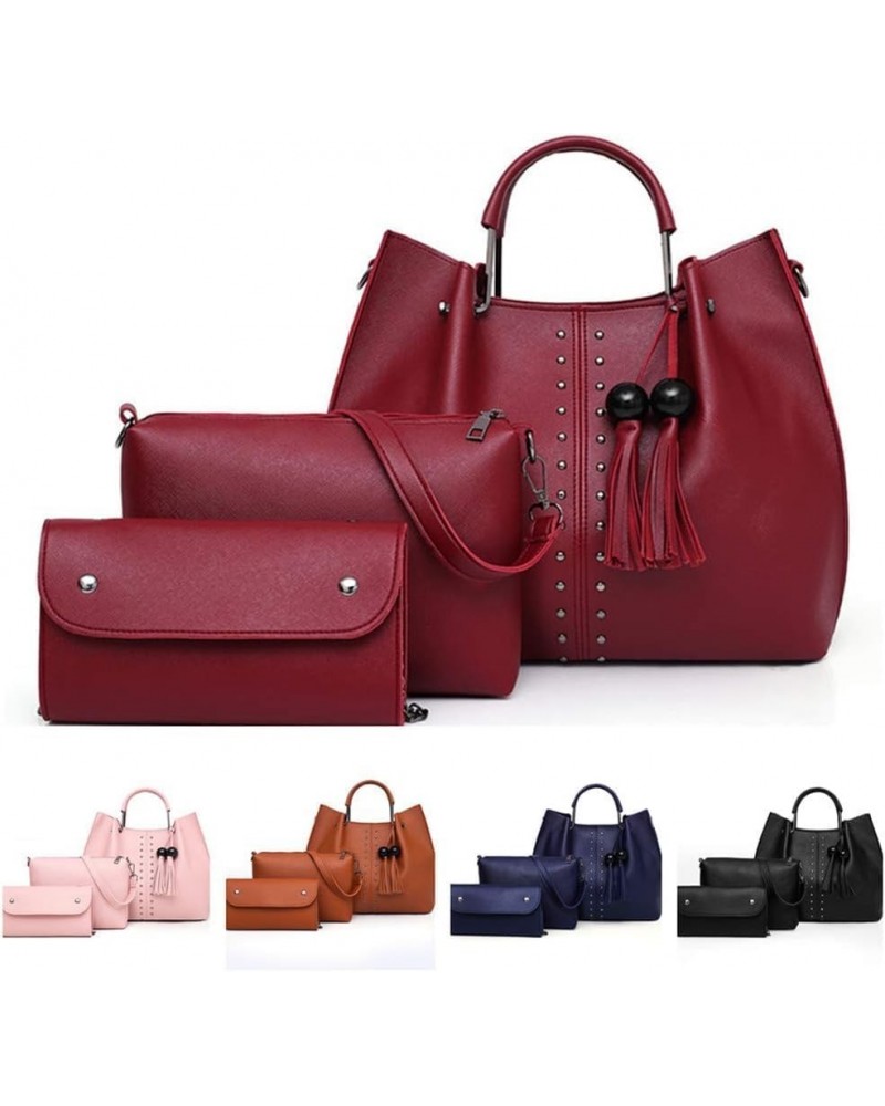 Tassel Handbag Sets For Women PU Leather Shoulder Bag Tote Satchel Hobo 3 Pcs Purse Wine $40.73 Totes