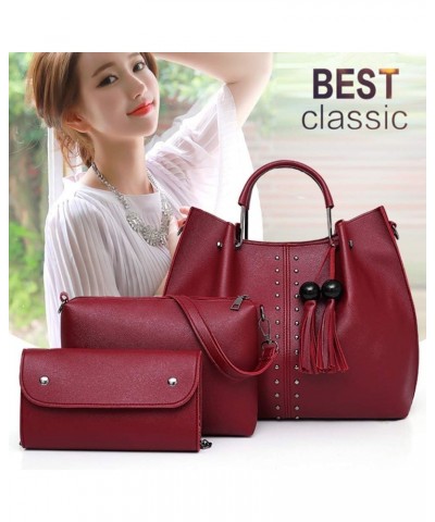 Tassel Handbag Sets For Women PU Leather Shoulder Bag Tote Satchel Hobo 3 Pcs Purse Wine $40.73 Totes