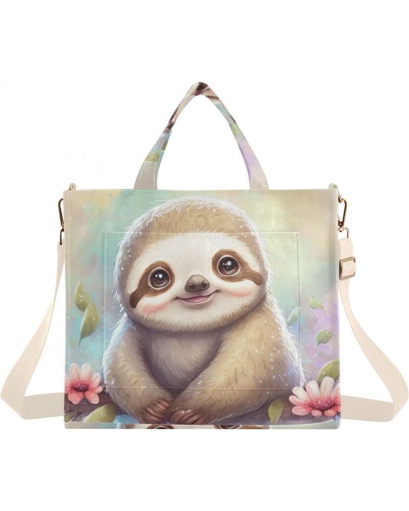 Watercolor Cub Sloth Tote Bag Corduroy Tote Bag Women Shoulder Handbags with Etachable Shoulder Strap $13.20 Totes