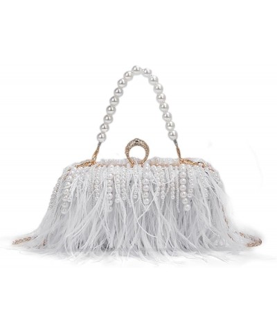 Women's Real Natural Ostrich Feather Clutch Evening Bags Fluffy Purse Handbag Feather Tote Bag for Wedding Party B-white $21....