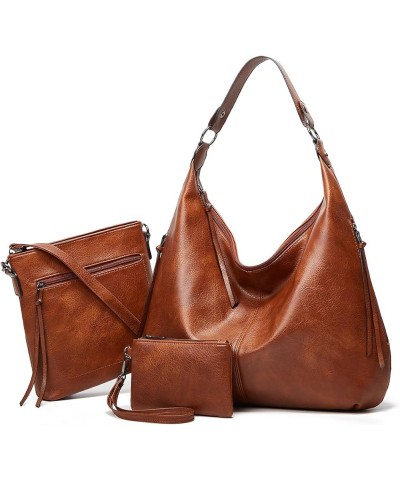 Hobo Bags for Women Soft PU Leather Slouchy Bag Shoulder Purse with Zipper Brown Three-piece Suit $18.23 Totes