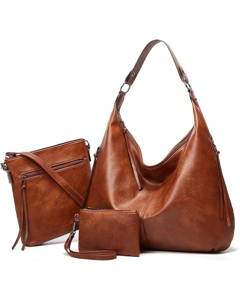 Hobo Bags for Women Soft PU Leather Slouchy Bag Shoulder Purse with Zipper Brown Three-piece Suit $18.23 Totes