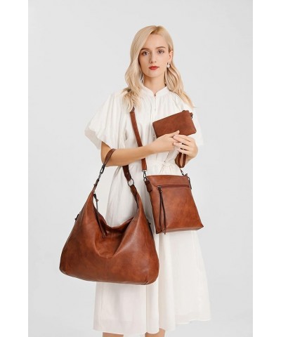 Hobo Bags for Women Soft PU Leather Slouchy Bag Shoulder Purse with Zipper Brown Three-piece Suit $18.23 Totes