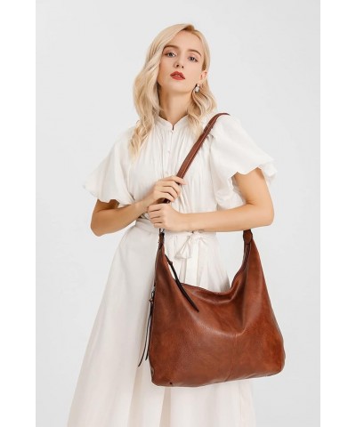 Hobo Bags for Women Soft PU Leather Slouchy Bag Shoulder Purse with Zipper Brown Three-piece Suit $18.23 Totes