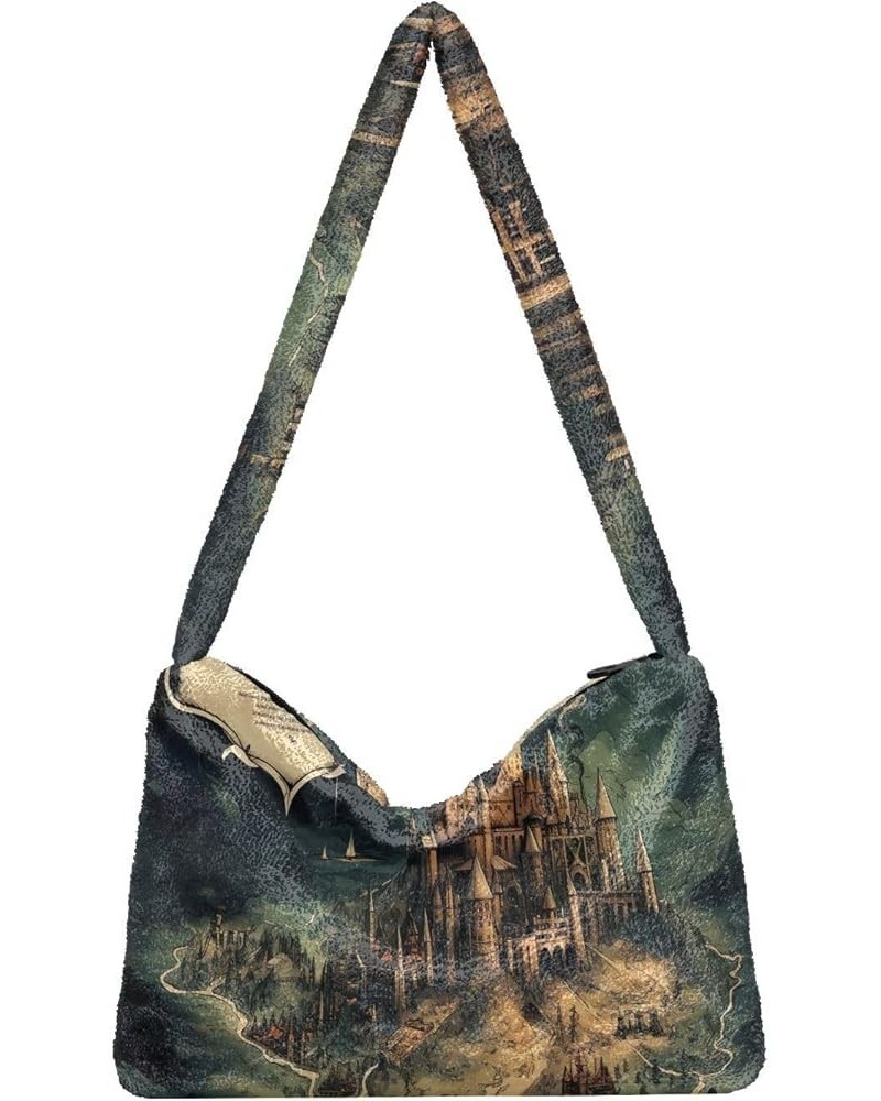 Floral Roses Watercolor Women Shoulder Bag, Book Tote Bag, Autumn Handbags Masterful Castle Map-3 $13.49 Shoulder Bags