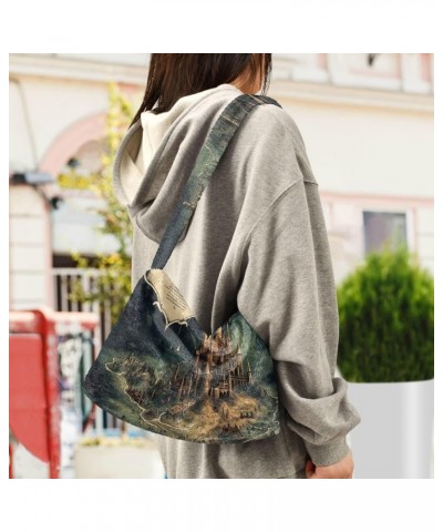 Floral Roses Watercolor Women Shoulder Bag, Book Tote Bag, Autumn Handbags Masterful Castle Map-3 $13.49 Shoulder Bags