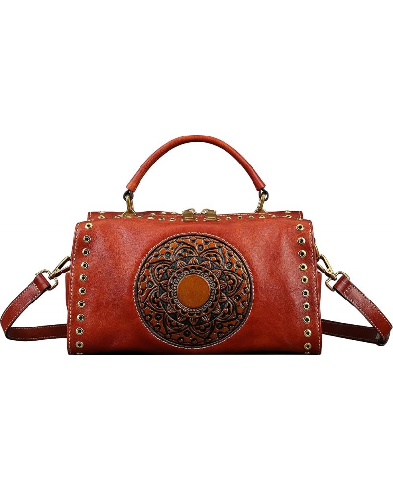 Genuine Leather Purses Pocketbooks for Women, Handmade Vintage Handbag Top Handle Satchel Mandala Totem Crossbody Orange Brow...