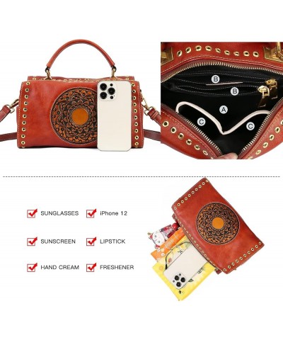 Genuine Leather Purses Pocketbooks for Women, Handmade Vintage Handbag Top Handle Satchel Mandala Totem Crossbody Orange Brow...