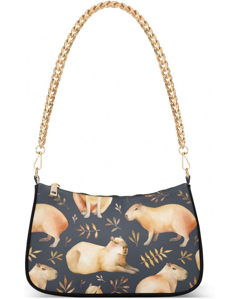 Women Chain Shoulder Purse Bag With Zipper Capybaras and Leafs Print, Watercolor Hobo Tote Clutch Handbags with Chain Strap $...