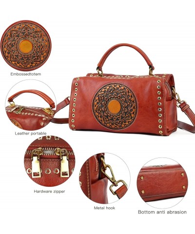 Genuine Leather Purses Pocketbooks for Women, Handmade Vintage Handbag Top Handle Satchel Mandala Totem Crossbody Orange Brow...