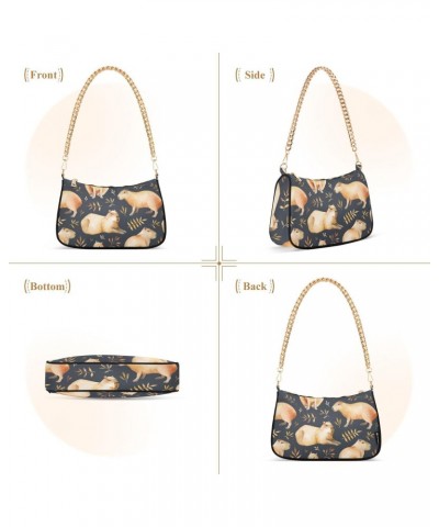 Women Chain Shoulder Purse Bag With Zipper Capybaras and Leafs Print, Watercolor Hobo Tote Clutch Handbags with Chain Strap $...