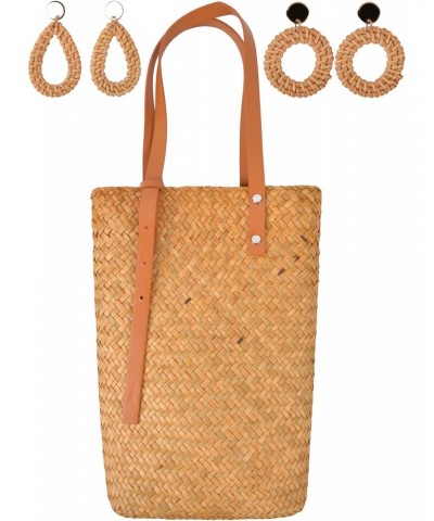 Women Straw Woven Bag Summer Shoulder Bag Beach Purse Hobo Vacation Straw Clutch Handbag with 2 Rattan Boho Tropical Earrings...