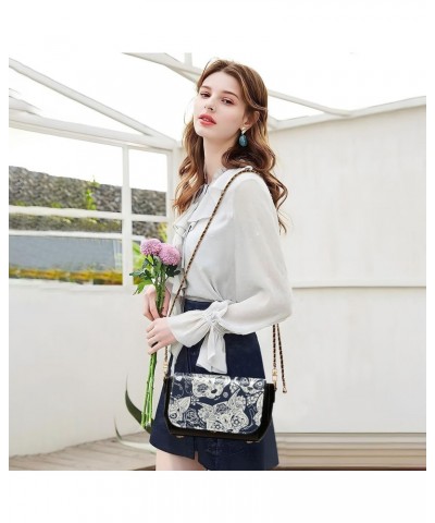 Art Floral Cats Crossbody Shoulder Bag for Women, PU Leather Flap Satchel Purse, Shoulder Handbags with Adjustable Strap, Clu...