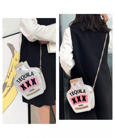 Women Sequins Cross Body Bag Bottle Shaped Evening Chain Strap Shoulder Bag Silver $9.42 Shoulder Bags