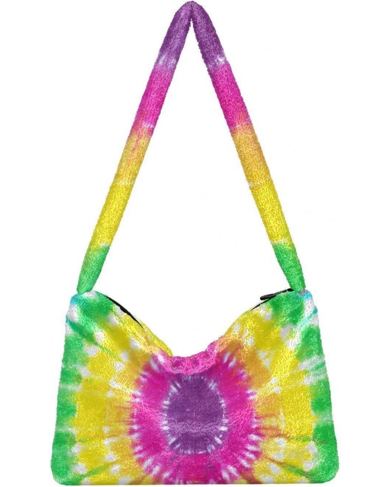 Rainbow Tie Dye Swirl Iridescent Dharma Dye Fluffy Crossbody Bag Furry Tote Bags for Women Fuzzy Purse Handbag Lady Shoulder ...