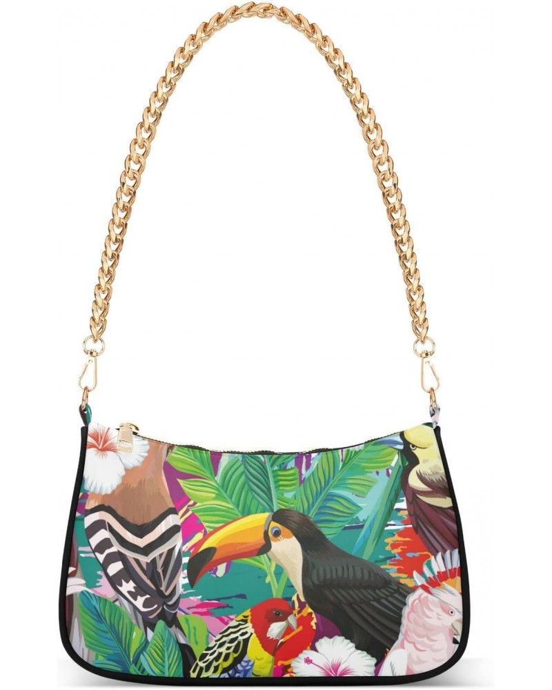 Tropical Bird Palm Leaves Fashion Quilted Crossbody Bag for Women Shoulder Evening Purse with Gold Chain & Smooth Zipper Ladi...