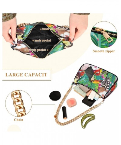 Tropical Bird Palm Leaves Fashion Quilted Crossbody Bag for Women Shoulder Evening Purse with Gold Chain & Smooth Zipper Ladi...