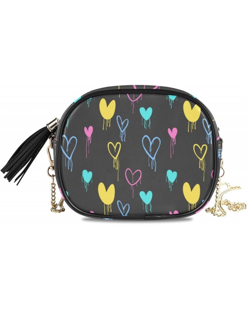 Small Crossbody Bag Graffiti Colored Hearts Womens Shoulder Chain Bag PU Leather Small Purse With Tassel $11.52 Shoulder Bags