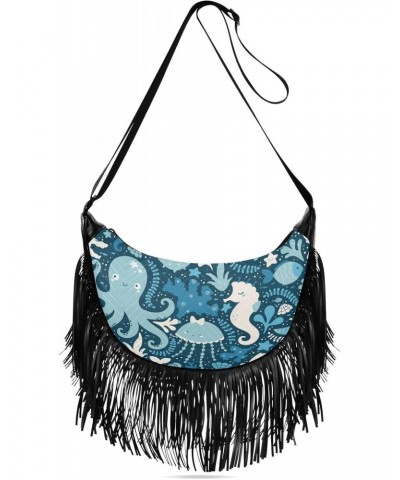 Sea Life Whale Octopus Crossbody Bag for Women Fringe Shoulder Bag with Adjustable Strap $14.03 Crossbody Bags