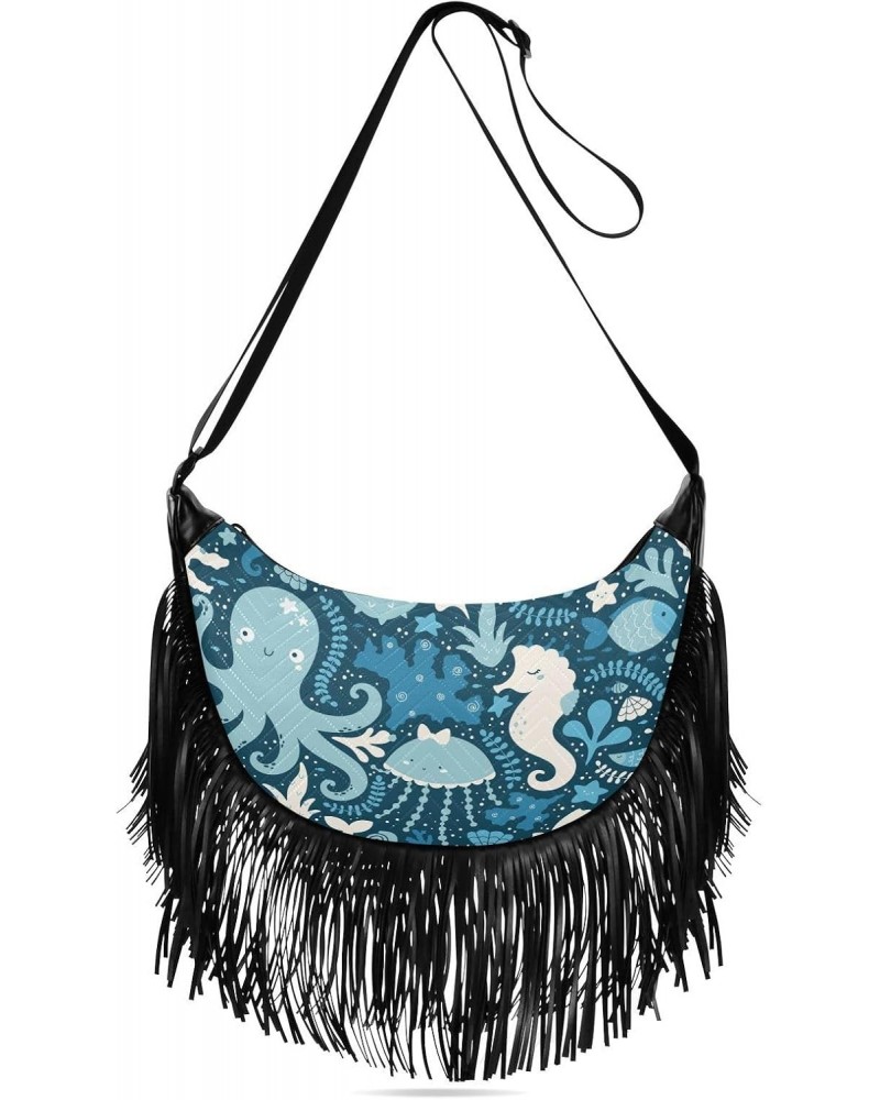 Sea Life Whale Octopus Crossbody Bag for Women Fringe Shoulder Bag with Adjustable Strap $14.03 Crossbody Bags