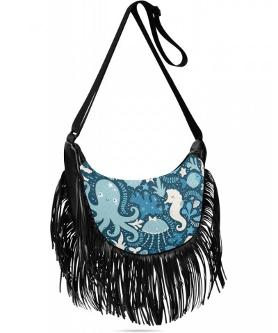 Sea Life Whale Octopus Crossbody Bag for Women Fringe Shoulder Bag with Adjustable Strap $14.03 Crossbody Bags