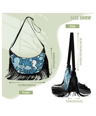 Sea Life Whale Octopus Crossbody Bag for Women Fringe Shoulder Bag with Adjustable Strap $14.03 Crossbody Bags