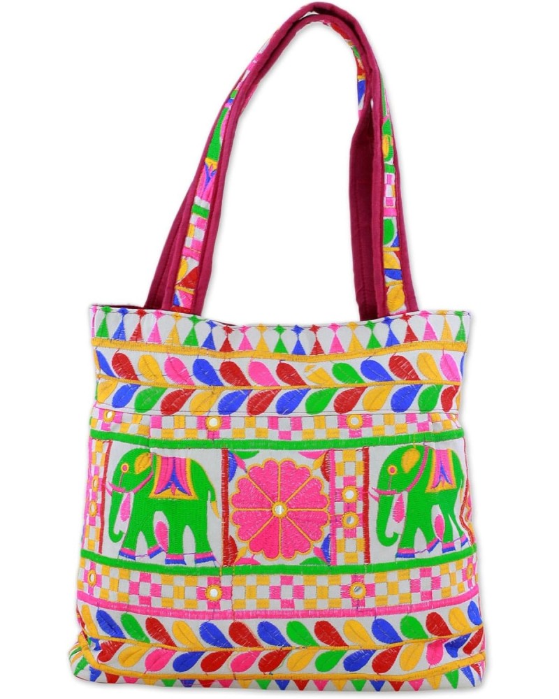 Artisan Hand Embroidered Tote Handbag Colorful Elephant from India Multicolor Floral Animal Themed 'Elephant Fantasies in Egg...