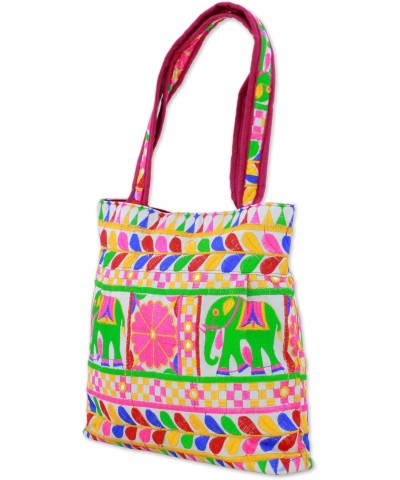 Artisan Hand Embroidered Tote Handbag Colorful Elephant from India Multicolor Floral Animal Themed 'Elephant Fantasies in Egg...