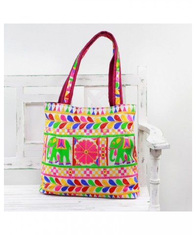 Artisan Hand Embroidered Tote Handbag Colorful Elephant from India Multicolor Floral Animal Themed 'Elephant Fantasies in Egg...