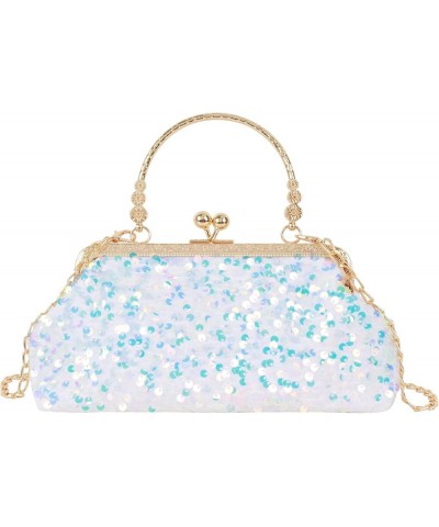 Women Mini Glitter Sequin Evening Handbag Clutch Metal Top-handle Bag Chain Strap Cross-body Bag White $13.33 Evening Bags