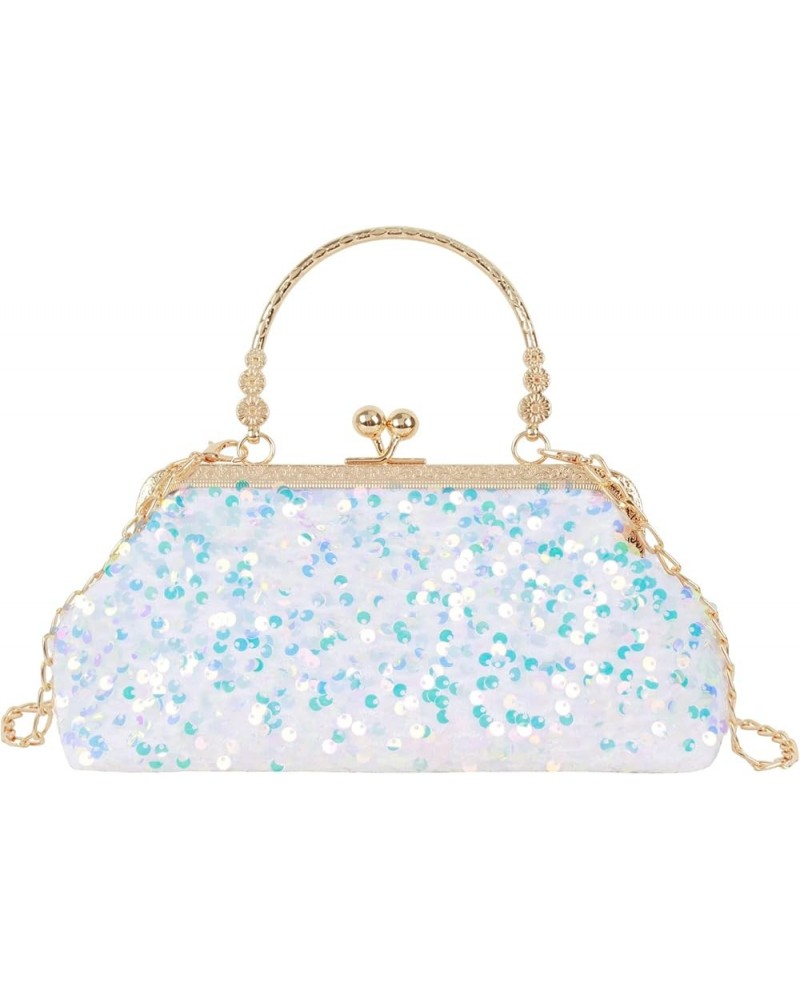 Women Mini Glitter Sequin Evening Handbag Clutch Metal Top-handle Bag Chain Strap Cross-body Bag White $13.33 Evening Bags