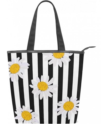 White Daisy Black Stripes Tote Handbag for Women Tote Bag, Canvas + leather Shoulder Bag, Hobo bag, Satchel Purse(228rh8a) $1...