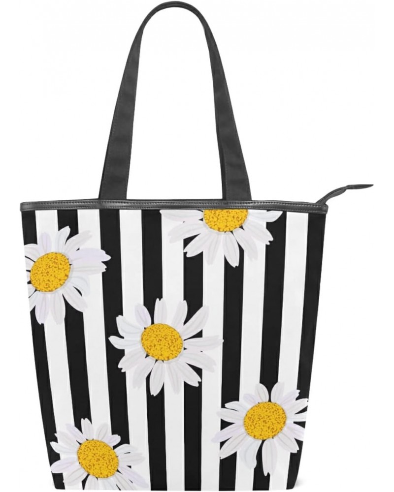 White Daisy Black Stripes Tote Handbag for Women Tote Bag, Canvas + leather Shoulder Bag, Hobo bag, Satchel Purse(228rh8a) $1...