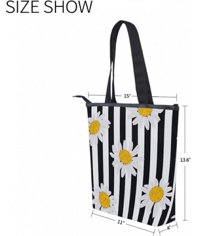 White Daisy Black Stripes Tote Handbag for Women Tote Bag, Canvas + leather Shoulder Bag, Hobo bag, Satchel Purse(228rh8a) $1...