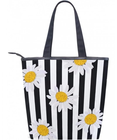 White Daisy Black Stripes Tote Handbag for Women Tote Bag, Canvas + leather Shoulder Bag, Hobo bag, Satchel Purse(228rh8a) $1...