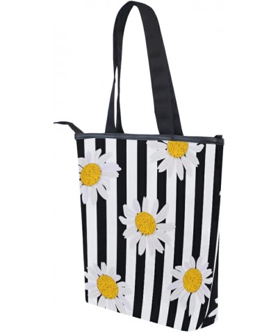 White Daisy Black Stripes Tote Handbag for Women Tote Bag, Canvas + leather Shoulder Bag, Hobo bag, Satchel Purse(228rh8a) $1...